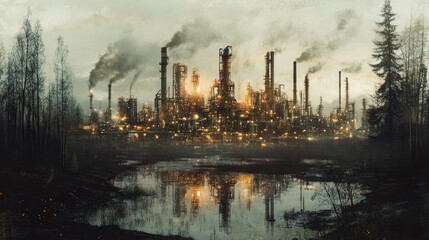 Fototapeta premium Spring's Desolation, A forest succumbs to an oil refinery, dystopian imagery, muted tones, eerie atmosphere, digital collage art