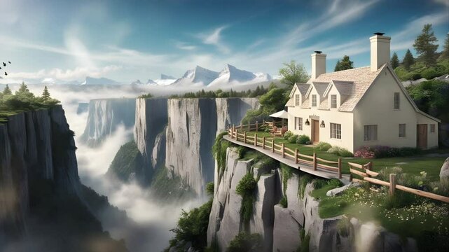 View of a luxury house on the edge of a rock cliff. Seamless 4K looping timelapse video animation background