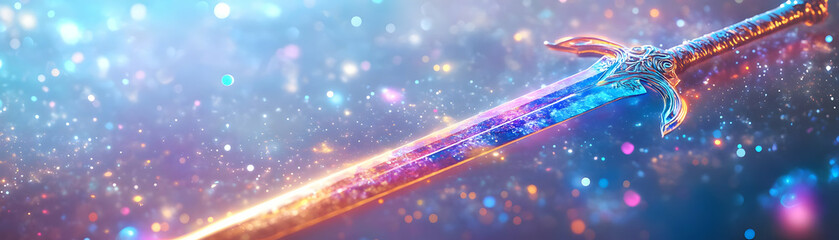 Obraz premium Holographic Sword and Star Floating in Mid Air with Ample Copy Space for Valor and Protection - Modern Glossy Photo Stock Concept for Hari Pahlawan