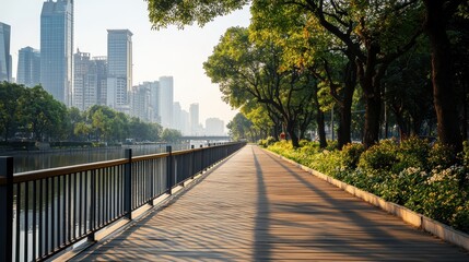 Scenic urban pathway lined with trees, leading to a serene waterfront amidst towering buildings.