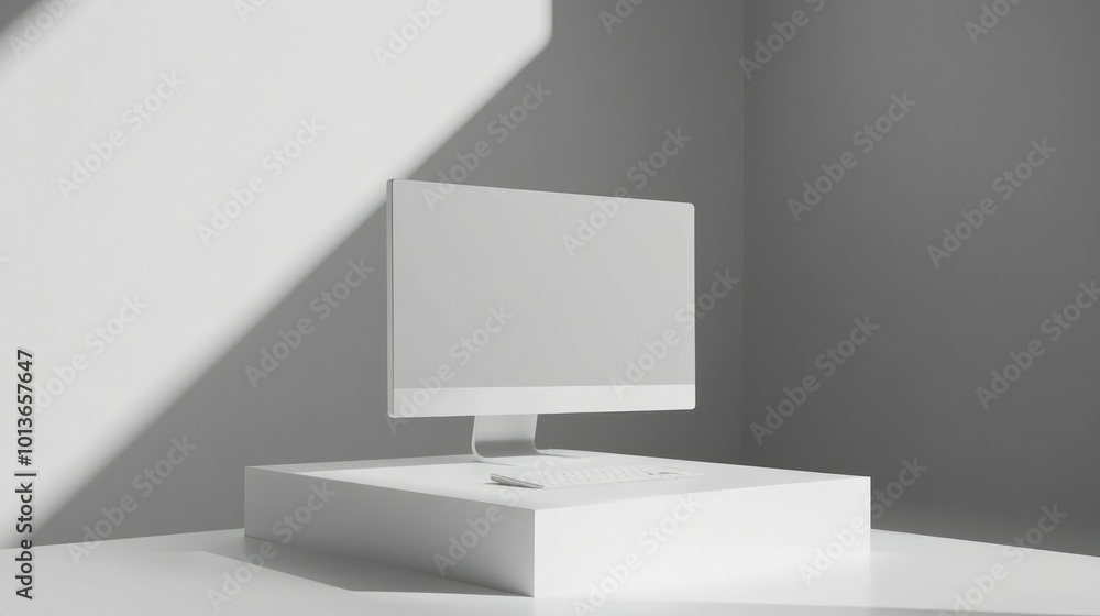 Poster a modern white mockup of a desktop computer on a blank surface, ideal for website design previews or