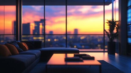 A modern living room with a sunset view through large glass windows.