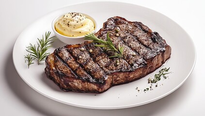 A delicious grilled steak served with a side of creamy sauce and garnished with herbs.