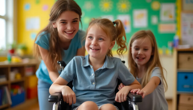 Inclusive Learning: Friends Supporting Wheelchair-Using Classmate in Joyful Classroom