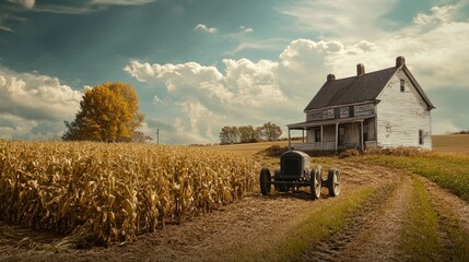 Old Tractor in a Cornfield with a Weathered Farmhouse in the Background