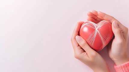 Hands holding a broken heart, slowly being repaired with light threads, symbolizing emotional trauma healing, heartbroken recovery, emotional support