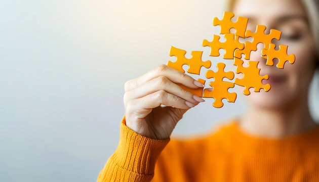 Person holding orange puzzle pieces, representing creativity and problem-solving. Ideal for themes of teamwork and motivation.