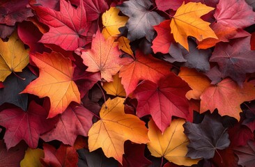 Fototapeta premium A vibrant array of autumn leaves in rich reds, oranges, and yellows on the ground