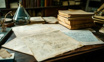 Old papers and books on a wooden table.