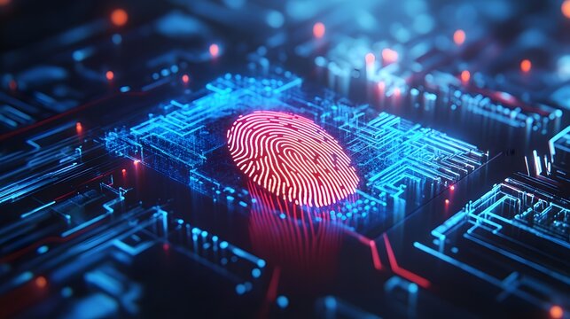 Computer identifying and measuring a fingerprint on a digital surface, with biometric scanning technology, highlighting security and identification in the digital age