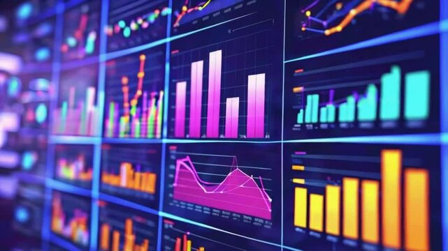 A dashboard 3D animated pie charts and bar graphs data like market audience analysis. bars popping new insights software, 4k High-Quality technology business background Animation Video