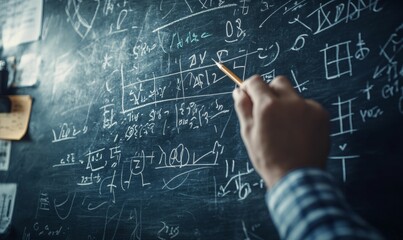 Person writing equations on chalkboard.