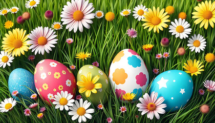 The Colorful Easter eggs are decorated with a green background with flowers in the grass field.