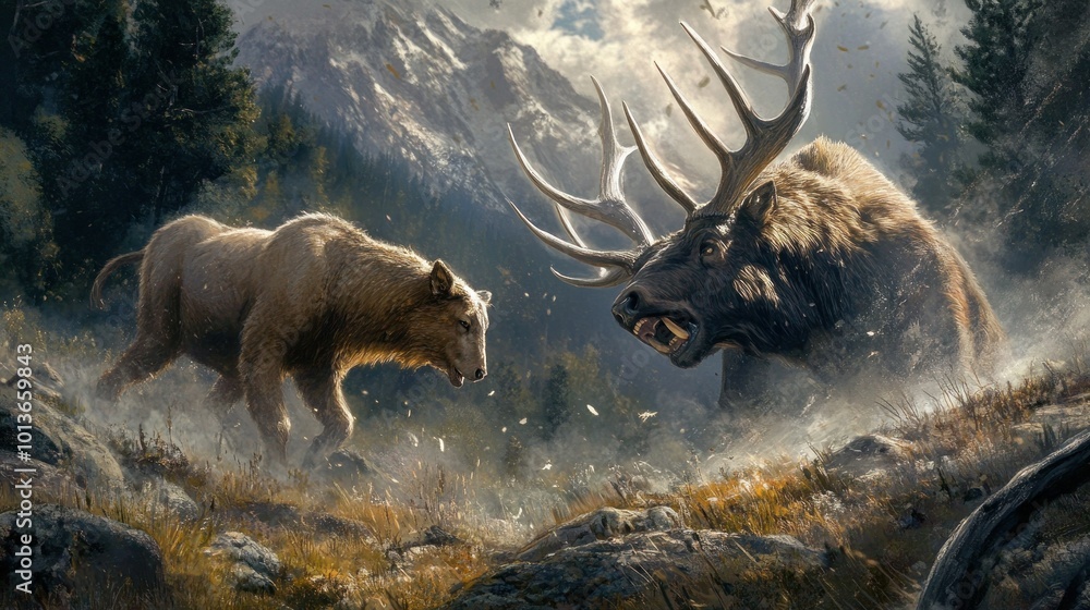 Sticker A Confrontation Between a Bear and a Bull Elk in a Mountainous Landscape