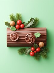 A festive chocolate yule log cake adorned with holly, greenery, and decorative fruits, perfect for holiday celebrations.