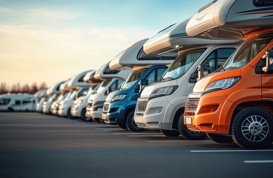 A diverse lineup of modern motor homes in a well-organized parking area