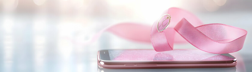 Glossy Pink Ribbon and Awareness Pin on Holographic Phone for Breast Cancer Awareness Month - Minimalist Image with White Background and Copy Space