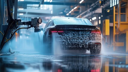 A car washing robot sprays high-pressure water at a dirty vehicle, with precision brushes and soap dispensers following behind, delivering a flawless clean