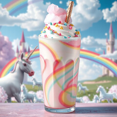 A whimsically decorated milkshake with a unicorn theme, featuring rainbows and a castle backdrop, invoking a sense of magical fantasy