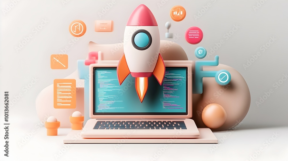Poster innovative 3d rendered startup visualization featuring a sleek laptop a prominent rocket icon a dyna