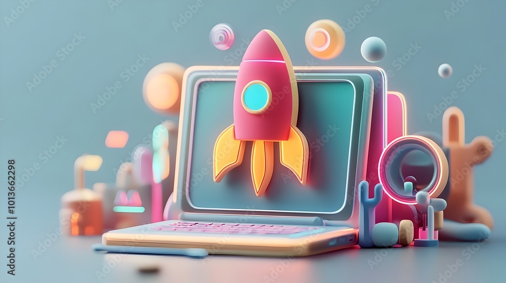 Poster innovative 3d startup visualization featuring a dynamic laptop icon in the shape of a futuristic roc