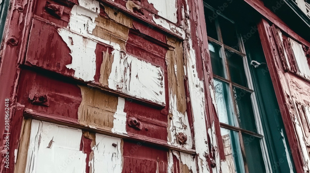 Poster close-up of a window with peeling paint and a red frame