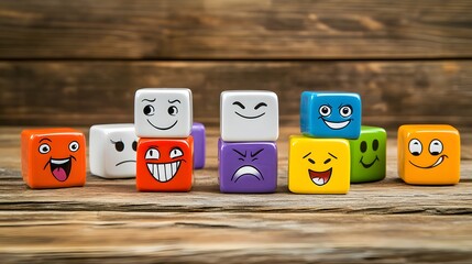 Concept of different emotions illustrated on colorful cubes placed against a wooden background