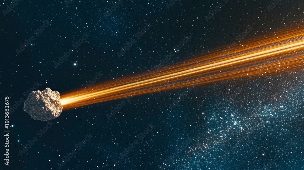 Poster a large asteroid trailing a bright trail of light in space