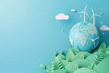 Paper cut illustration of a globe surrounded by windmills on a blue background. This image symbolizes renewable energy and environmental protection