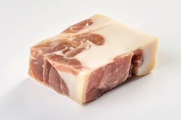 Rectangular piece of raw meat on white background. Light pink color. Fresh, uncooked, raw meat. Single object, no text, no additional objects. White background makes meat focal point.