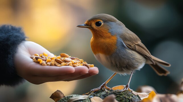 European robin perched on a branch taking bird seed from a person's hand