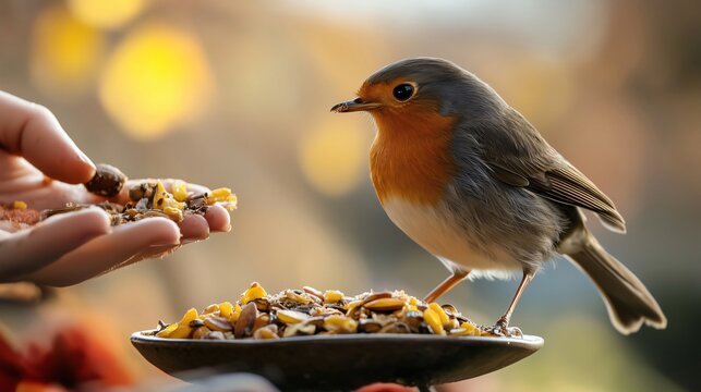 European robin taking bird seed from a person's hand