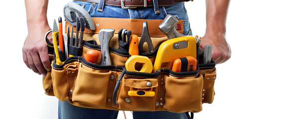 A worker wearing a tool belt filled with essential tools stands ready for home improvement tasks or construction projects