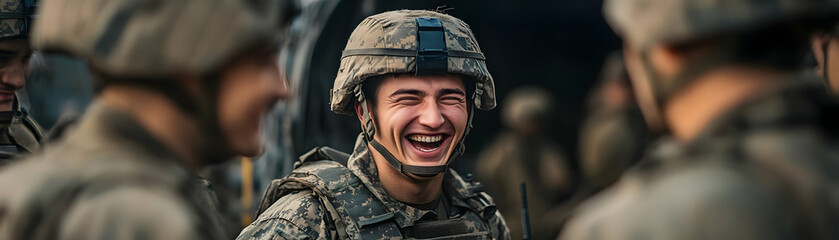 Soldier laughing with comrades during a candid moment concept as A heartwarming candid photo capturing a soldier sharing a laugh with comrades set against a backdrop of military equipment. The image r
