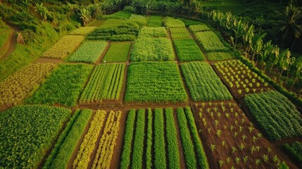 Aerial View of Diverse Crops in a Lush Farmland