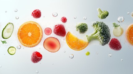 Frozen Strawberries, Orange Slices, and Vegetables in Motion Inside Freezer