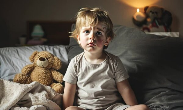 A little boy with a bandage on his forehead sitting on a bed
