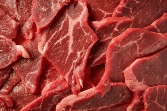 Raw steak texture, close-up of red meat, irregularly cut pieces, freshly prepared, gray background, focal point, rich color, high-quality, detailed, close-up, raw beef, meat texture, red, juicy, - Powered by Adobe