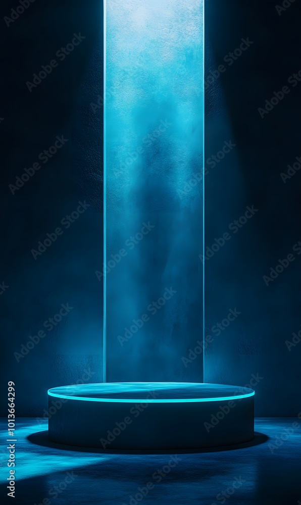 Poster 1. a striking 3d render of an abstract dark studio room illuminated by a vibrant blue neon searchlig
