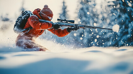 Naklejka premium Biathlon athlete skiing through the snow, rifle on their back, aiming at targets in a winter sports competition. 4K hyperrealistic photo.