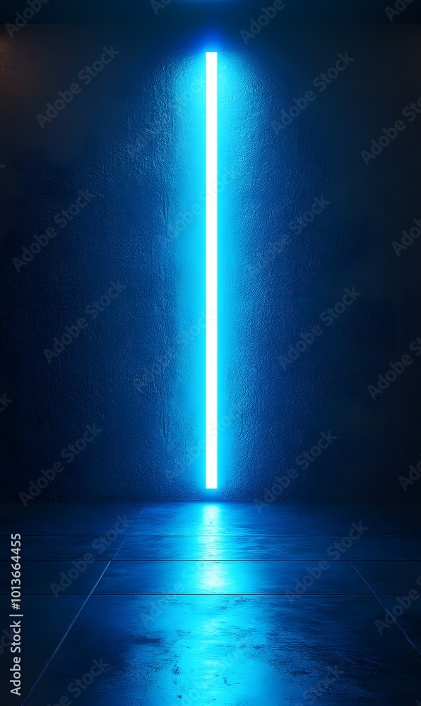 Poster 1. a striking 3d render of an abstract dark studio room illuminated by a vibrant blue neon searchlig