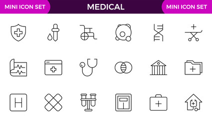 Set of Medical web icons in line style. Medicine and Health Care, RX. Medicine, check up, doctor, dentistry, pharmacy, lab, scientific discovery, collection.