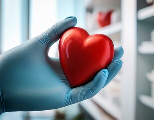 A gloved hand gently holds a red heart, symbolizing the care and compassion that healthcare professionals bring to their work