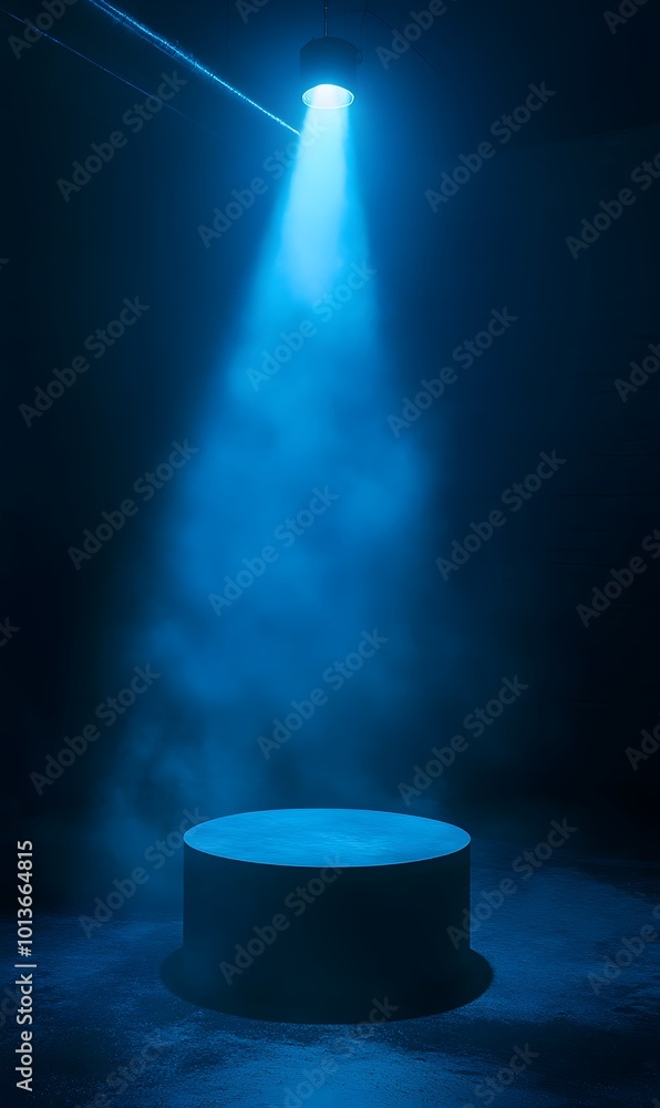 Poster 2. an atmospheric scene featuring a dimly lit studio with deep shadows, where a blue neon searchligh
