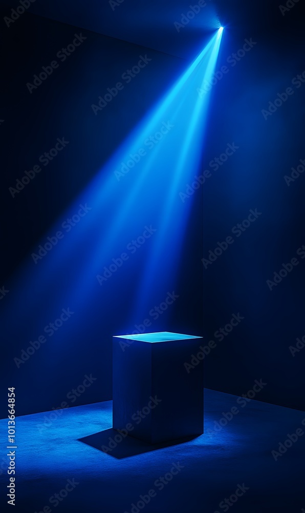 Poster 2. an atmospheric scene featuring a dimly lit studio with deep shadows, where a blue neon searchligh
