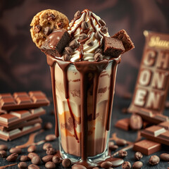  a decadent chocolate milkshake topped with whipped cream, caramel drizzle, brownie pieces, and cookie chunks, served in a glass with scattered coffee beans on a dark surface