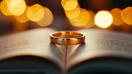 A gold ring is on top of a book. The ring is on the page of the book and is in the center of the page