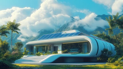 Modern Futuristic Home with Solar Panels in a Tropical Setting