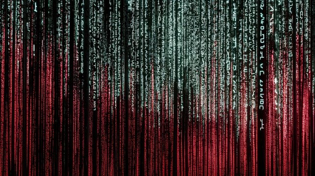 Abstract digital code, resembling falling rain, with red and white highlights on a black background.