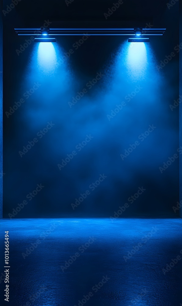 Poster 4. a dynamic scene showcasing a dark studio space with contrasting blue neon searchlights, focusing 